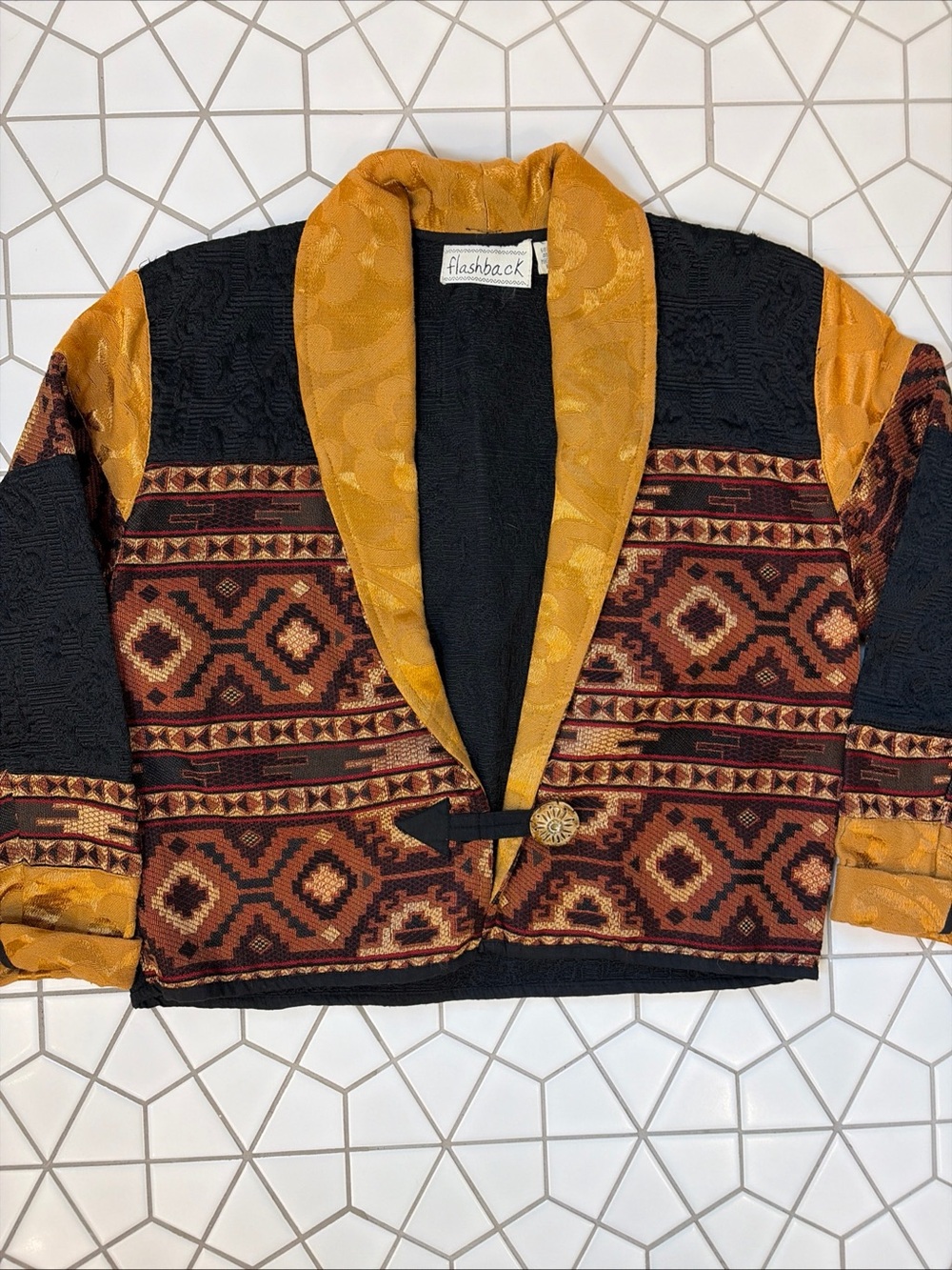 Vtg 90s Cropped Southwest Tapestry Jacket Flashback Aztec Cotton S Boho Jacquard